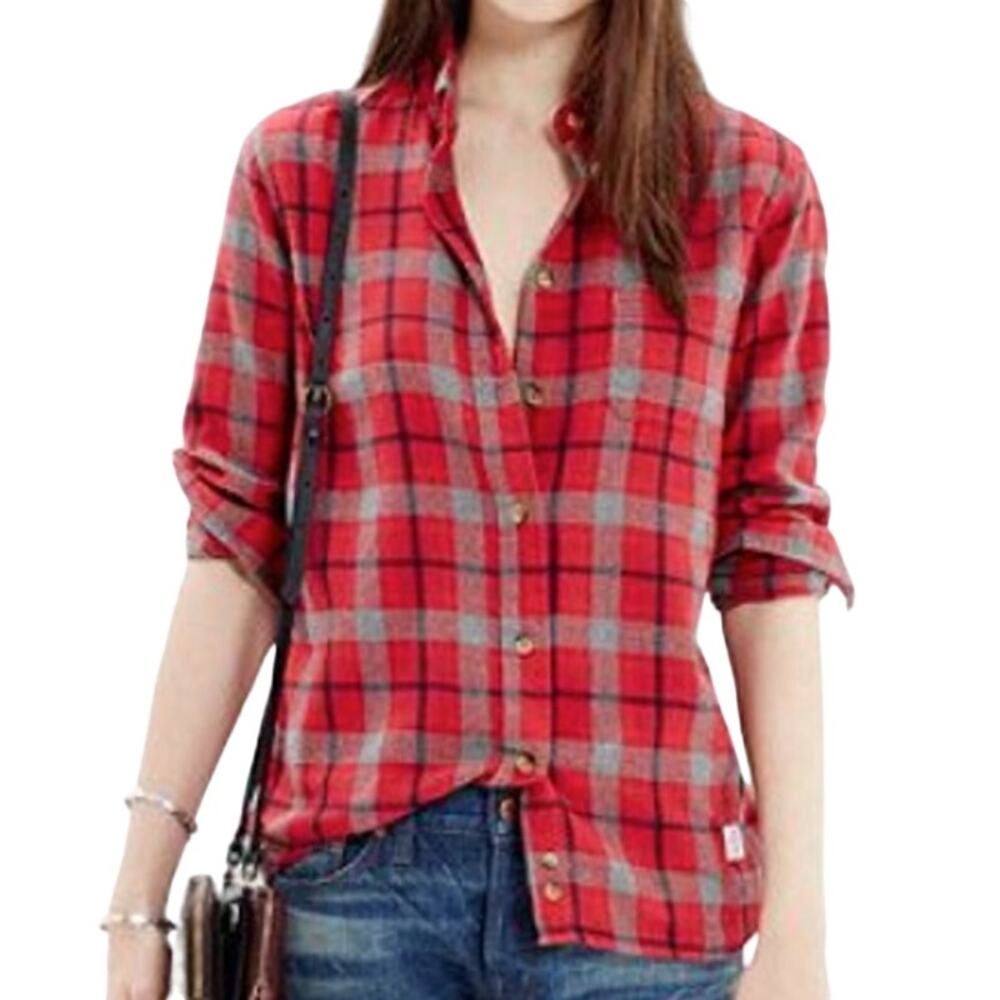Madewell x Penfield Classic Slim Flannel warm cozy layer red plaid gray black XS